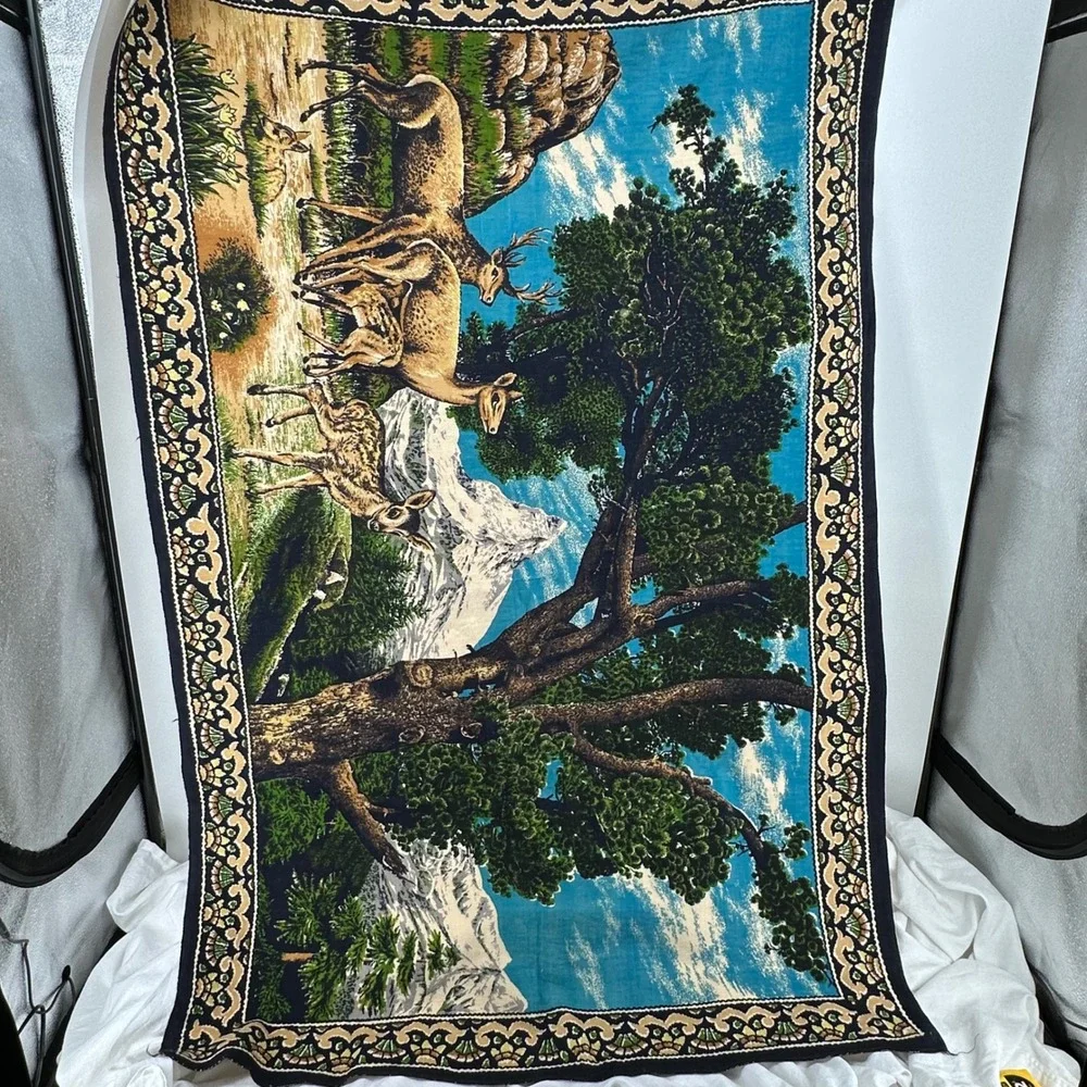 Vintage Velvet Wall Hanging Deer Family Mountain Landscape Blue Green Excellent